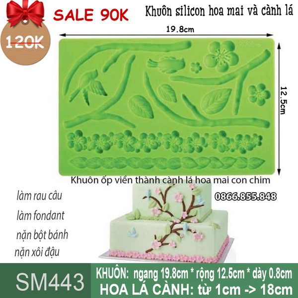 Khuôn silicon ốp viền cành lá hoa mai con chim ( SM443 )