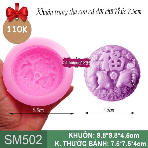 Khuôn rau câu trung thu con cá đôi chữ phúc 7,5cm ( SM502 ) CÒN 10 CÁI