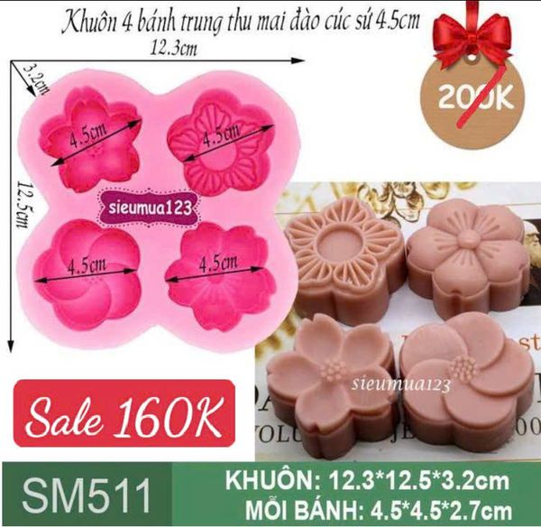 Khuôn silicon 4 bánh trung thu mai đào cúc sứ 4,5cm ( SM511 ) CÒN 3 BỘ