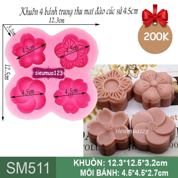 Khuôn silicon 4 bánh trung thu mai đào cúc sứ 4,5cm ( SM511 ) CÒN 3 BỘ