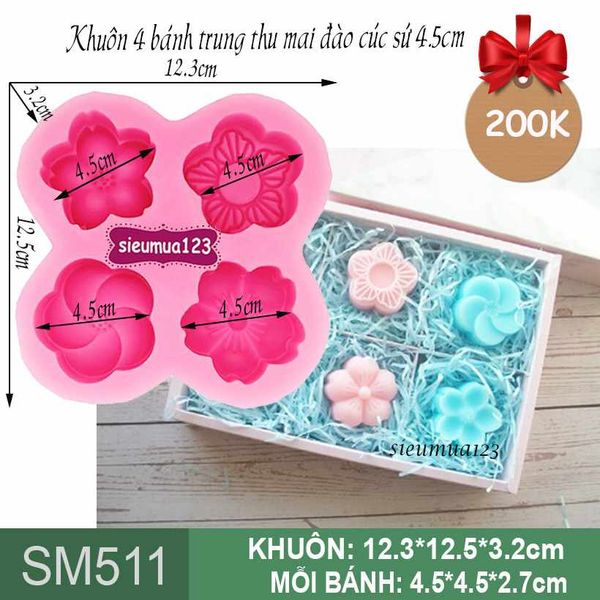 Khuôn silicon 4 bánh trung thu mai đào cúc sứ 4,5cm ( SM511 ) CÒN 3 BỘ