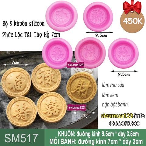 Bộ 5 khuôn trung thu chữ Phúc Lộc Tài Thọ Hỷ  7cm ( SM517 ) CÒN 2 BỘ