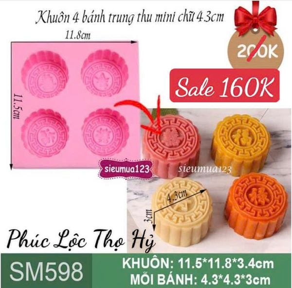 Khuôn silicon 4 bánh trung thu mini chữ Phúc Lộc Thọ Hỷ 4,3cm ( SM598 ) CÒN 1 BỘ