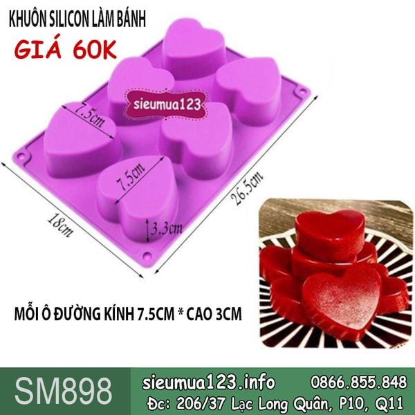 Khuôn silicon nướng bánh 6 trái tim 7,5cm ( SM898 )
