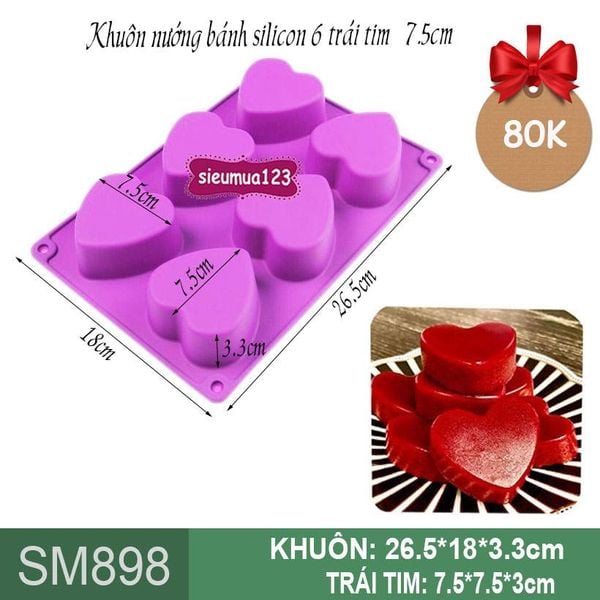 Khuôn silicon nướng bánh 6 trái tim 7,5cm ( SM898 )