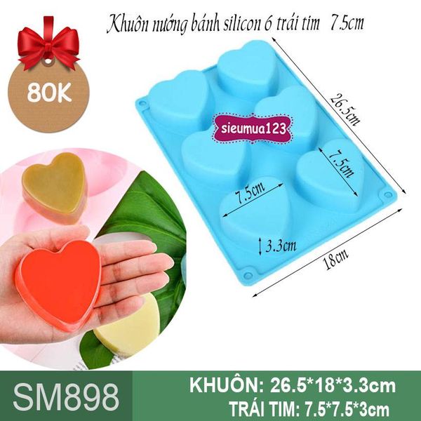 Khuôn silicon nướng bánh 6 trái tim 7,5cm ( SM898 )