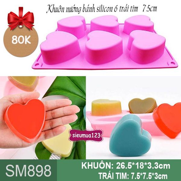 Khuôn silicon nướng bánh 6 trái tim 7,5cm ( SM898 )