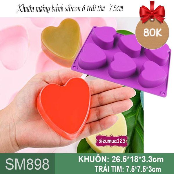Khuôn silicon nướng bánh 6 trái tim 7,5cm ( SM898 )