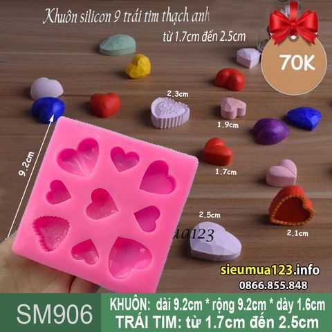 Khuôn silicon 9 trái tim thạch anh từ 1,7cm đến 2,5cm ( SM906 )