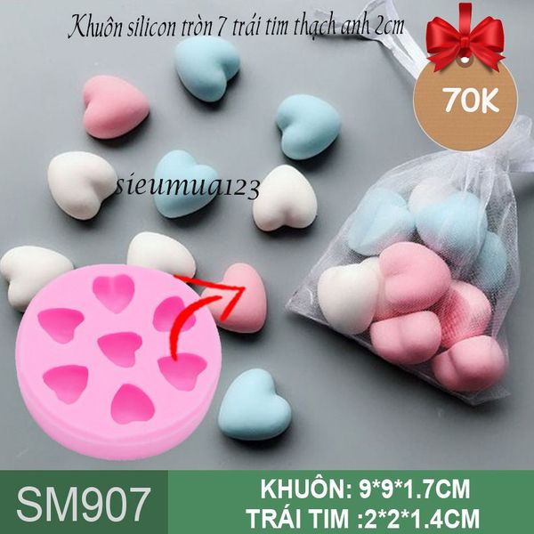 Khuôn silicon tròn 7 trái tim thạch anh 2cm ( SM907 )