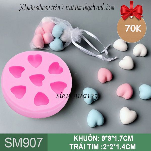 Khuôn silicon tròn 7 trái tim thạch anh 2cm ( SM907 )
