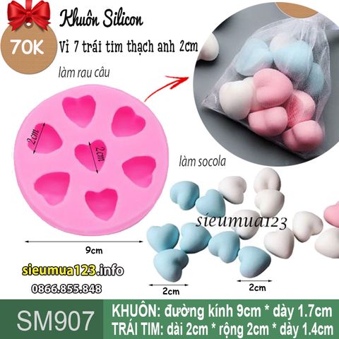 Khuôn silicon tròn 7 trái tim thạch anh 2cm ( SM907 )