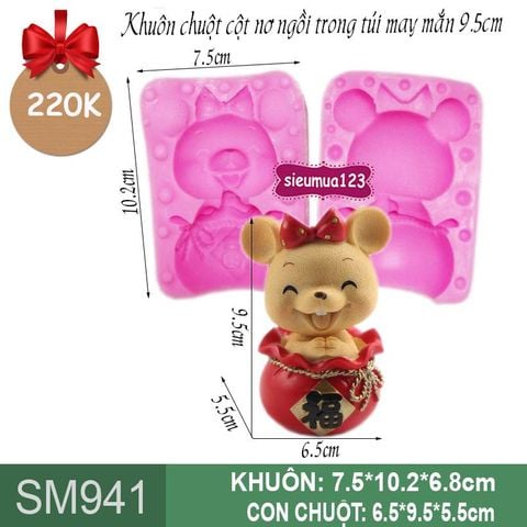 Khuôn rau câu silicon con chuột cột nơ ngồi trong túi đỏ may mắn 9,5cm ( SM941 )
