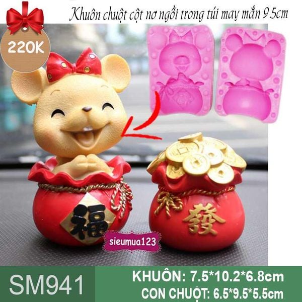 Khuôn rau câu silicon con chuột cột nơ ngồi trong túi đỏ may mắn 9,5cm ( SM941 )