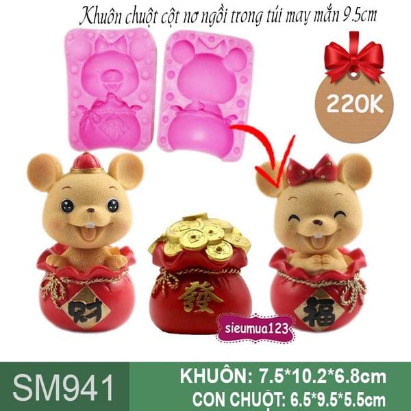 Khuôn rau câu silicon con chuột cột nơ ngồi trong túi đỏ may mắn 9,5cm ( SM941 )