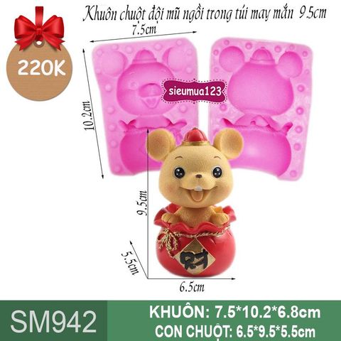 Khuôn rau câu silicon con chuột đội nón ngồi trong túi đỏ may mắn 9,5cm ( SM942 )
