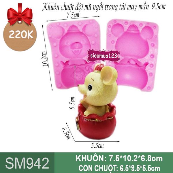 Khuôn rau câu silicon con chuột đội nón ngồi trong túi đỏ may mắn 9,5cm ( SM942 )