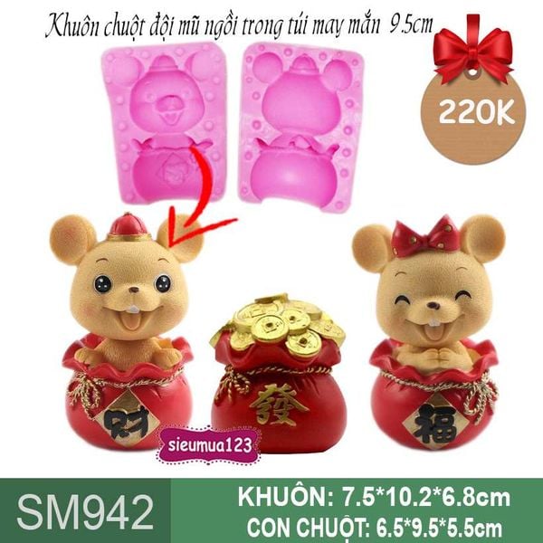 Khuôn rau câu silicon con chuột đội nón ngồi trong túi đỏ may mắn 9,5cm ( SM942 )