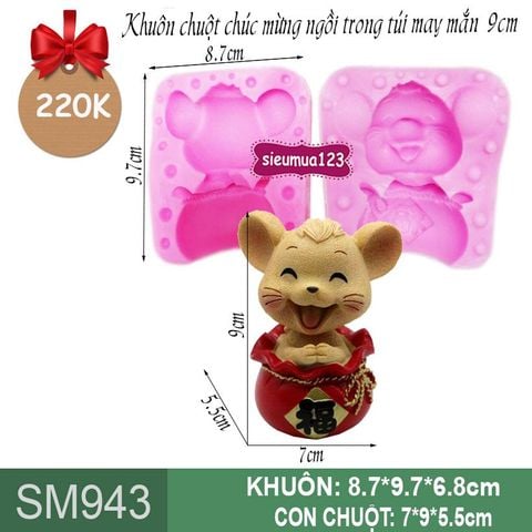 Khuôn rau câu silicon con chuột chúc mừng ngồi trong túi đỏ may mắn 9cm ( SM943 )