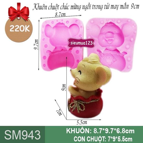 Khuôn rau câu silicon con chuột chúc mừng ngồi trong túi đỏ may mắn 9cm ( SM943 )