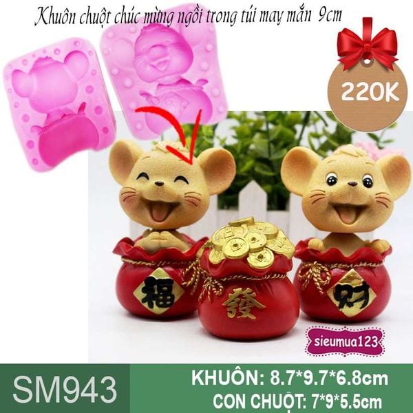 Khuôn rau câu silicon con chuột chúc mừng ngồi trong túi đỏ may mắn 9cm ( SM943 )