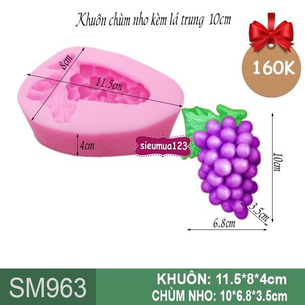 Khuôn silicon chùm nho có lá to 10cm ( SM963 )