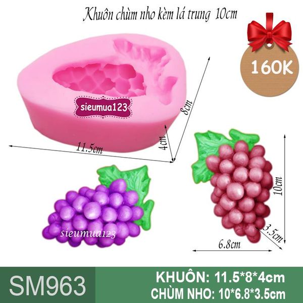Khuôn silicon chùm nho có lá to 10cm ( SM963 )