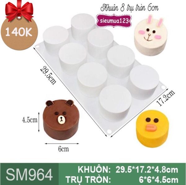 Khuôn mousse silicon 8 trụ tròn 6cm ( SM964 ) còn 3 cái