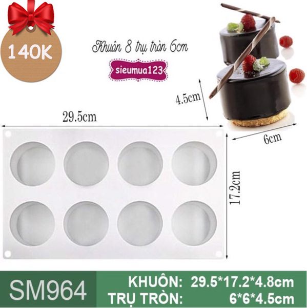 Khuôn mousse silicon 8 trụ tròn 6cm ( SM964 ) còn 3 cái