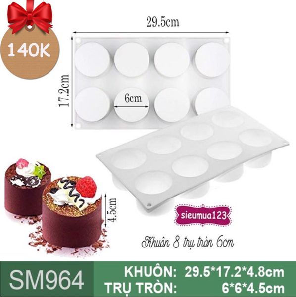 Khuôn mousse silicon 8 trụ tròn 6cm ( SM964 ) còn 3 cái