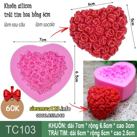 Khuôn silicon trái tim hoa hồng 6cm ( TC103 )
