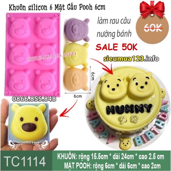 Khuôn silicon 6 Mặt Gấu Pooh 6cm ( TC1114 ) còn 2 cái