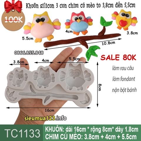 Khuôn silicon 3 con chim cú mèo to 3,8cm đến 5,5cm ( TC1133 )