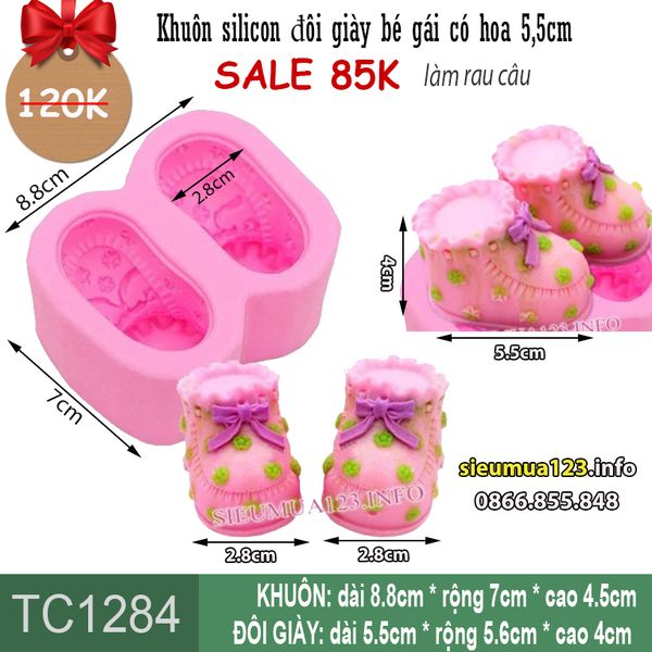 Khuôn silicon đôi giày bé gái có hoa cột nơ 5,5cm ( TC1284 )