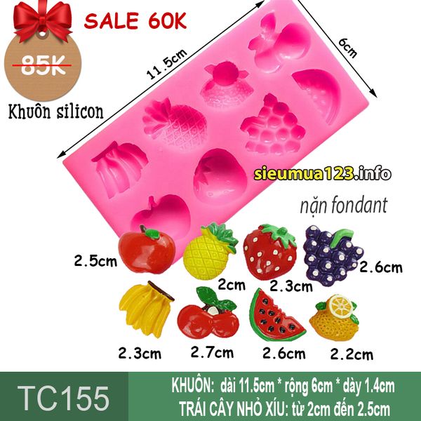 Khuôn silicon fondant 8 trái cây nhỏ xíu từ 2cm - 2,5cm ( TC155 ) Quả Táo Chuối Thơm Cam Nho Dâu Tây