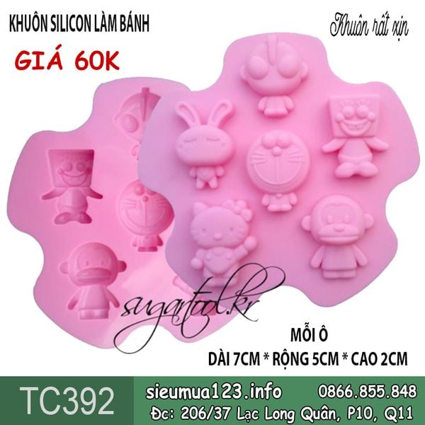 Khuôn silicon 6 con thú hoạt hình doremon kitty thỏ khỉ siêu nhân 7cm ( TC392 )