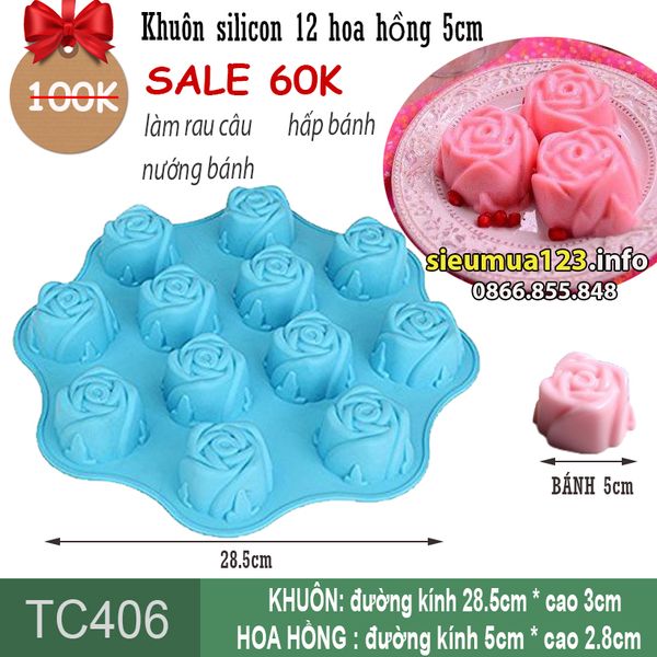 Khuôn silicon pudding 12 hoa hồng 5cm ( TC406 ) còn 1