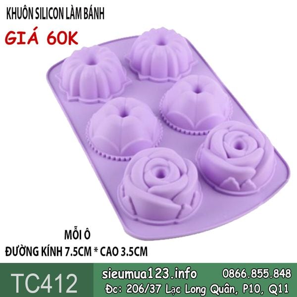 Khuôn silicon 6 hoa hồng hình tròn vương miện 7,5cm ( TC412 )