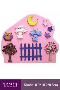 Silicon fondant Set con mèo, chim cú, trăng, sao, cây, hàng rào nhỏ mỏng ( TC511 )
