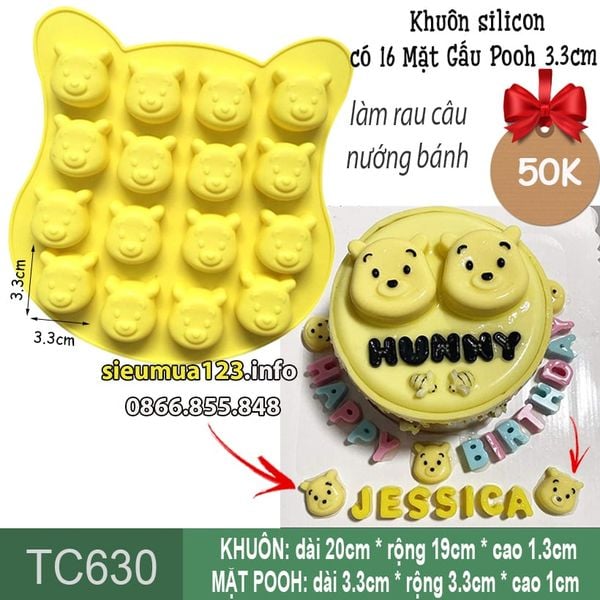 Khuôn silicon 16 mặt gấu Pooh 3,3cm ( TC630 )