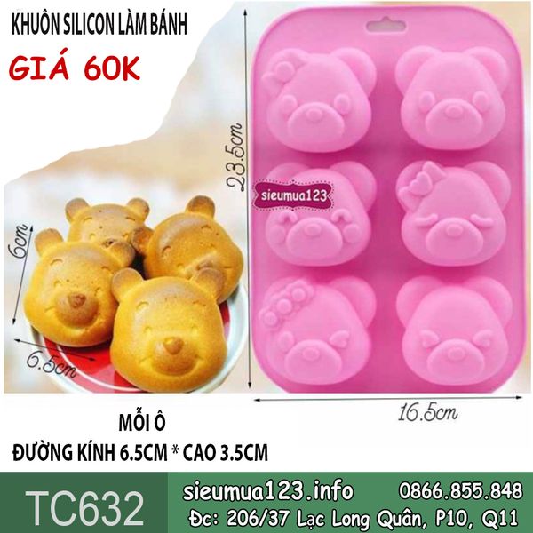 Khuôn silicon 6 mặt con gấu to 6,5cm ( TC632 )