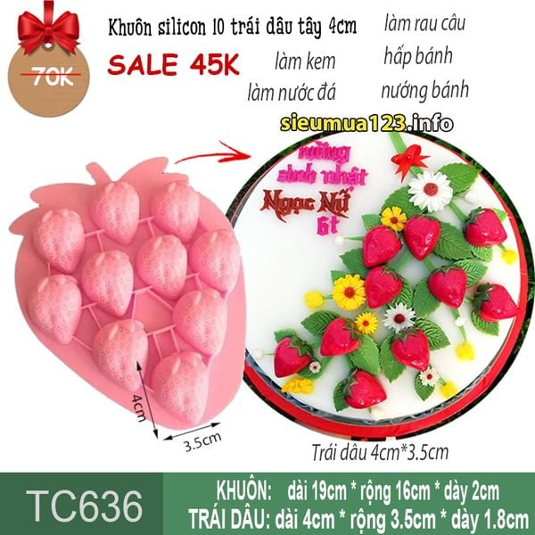 Khuôn silicon 10 trái dâu tây 4cm  ( TC636 )