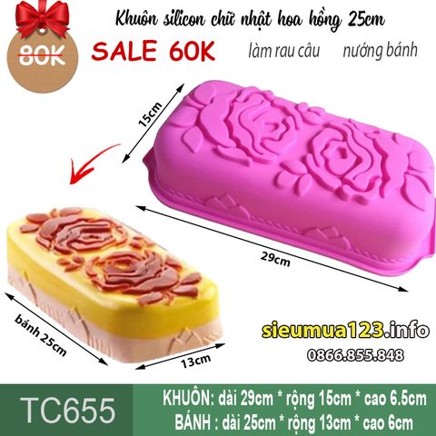 Khuôn silicon chữ nhật hoa hồng bo 25cm ( TC655 )