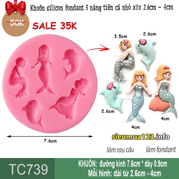 Khuôn silicon fondant 5 nàng tiên cá nhỏ xíu 2,6cm - 4cm ( TC739 )