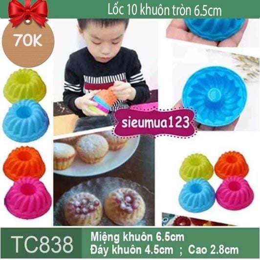 Lốc 10 khuôn silicon tròn 6,5cm nướng bánh cupcake cánh cong ( TC838 )