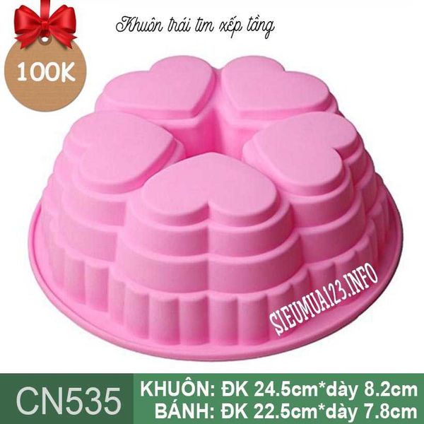 Khuôn nướng bánh silicon tròn to 5 trái tim xếp tầng 23cm ( CN535 )