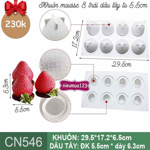Khuôn bánh mousse silicon : Khuôn 8 trái dâu tây to 5,5cm ( CN546 ) CÒN NHIỀU
