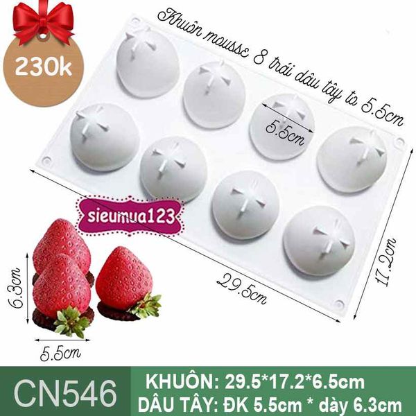 Khuôn bánh mousse silicon : Khuôn 8 trái dâu tây to 5,5cm ( CN546 ) CÒN NHIỀU