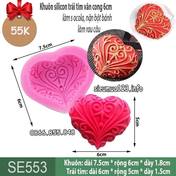 Khuôn silicon trái tim vân cong 6cm ( SE553 )
