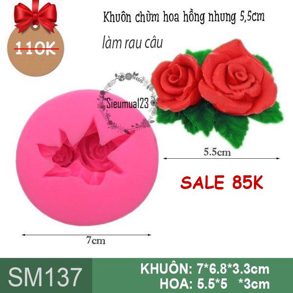Khuôn rau câu silicon 4d: Khuôn chùm hoa hồng nhung 5,5cm ( SM137 )